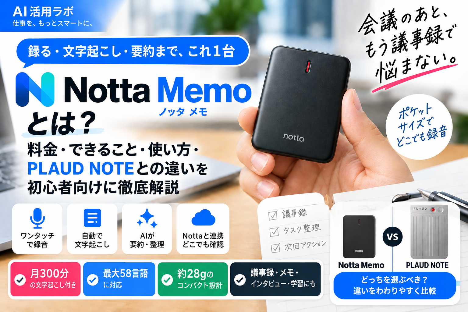 Notta Memoの料金・できること・PLAUD NOTEとの違いを解説するAI活用ラボのアイキャッチ