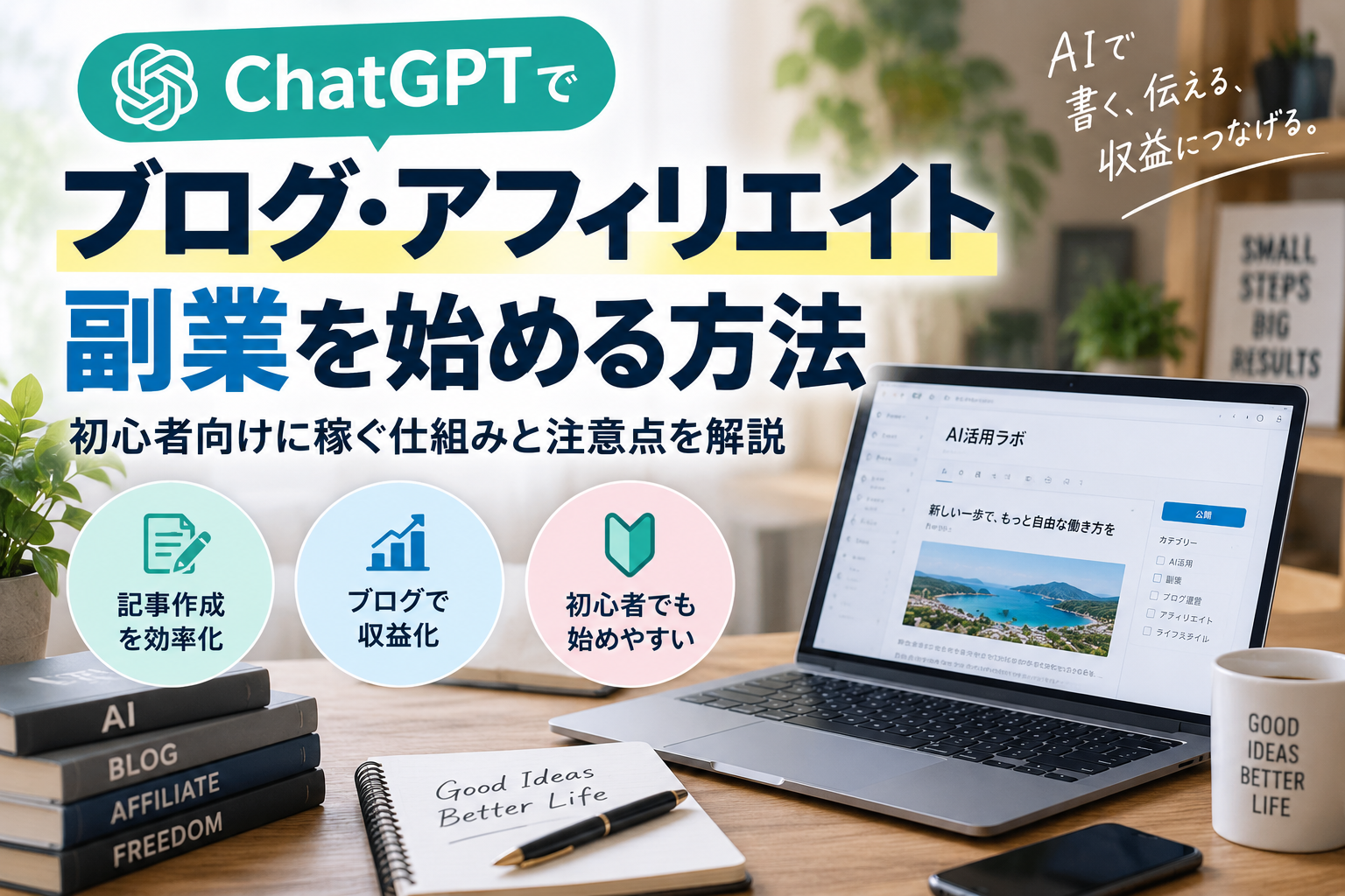 ChatGPTでブログ・アフィリエイト副業を始める方法を解説する記事のアイキャッチ