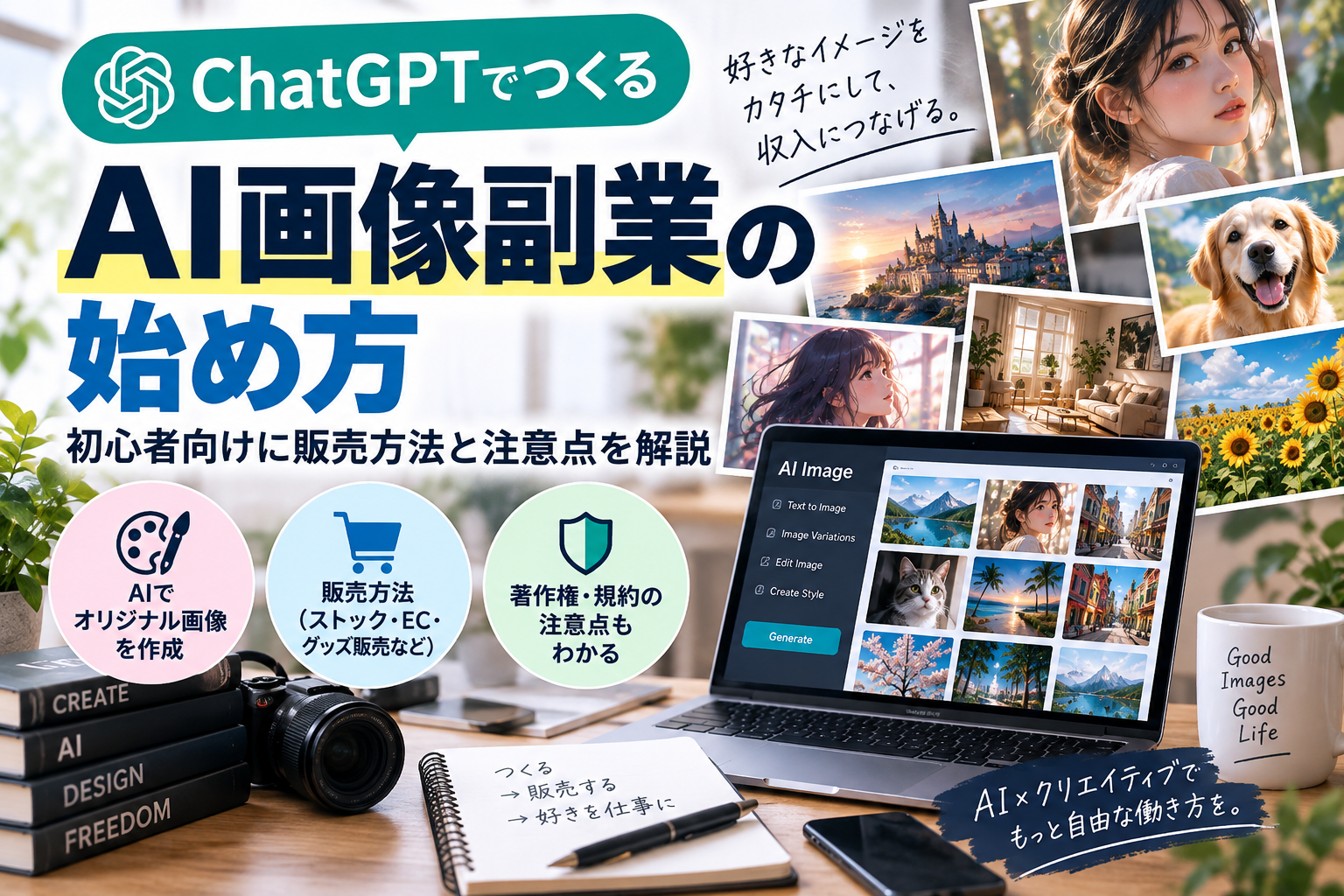 AI画像副業の始め方と販売方法・注意点を解説する記事のアイキャッチ
