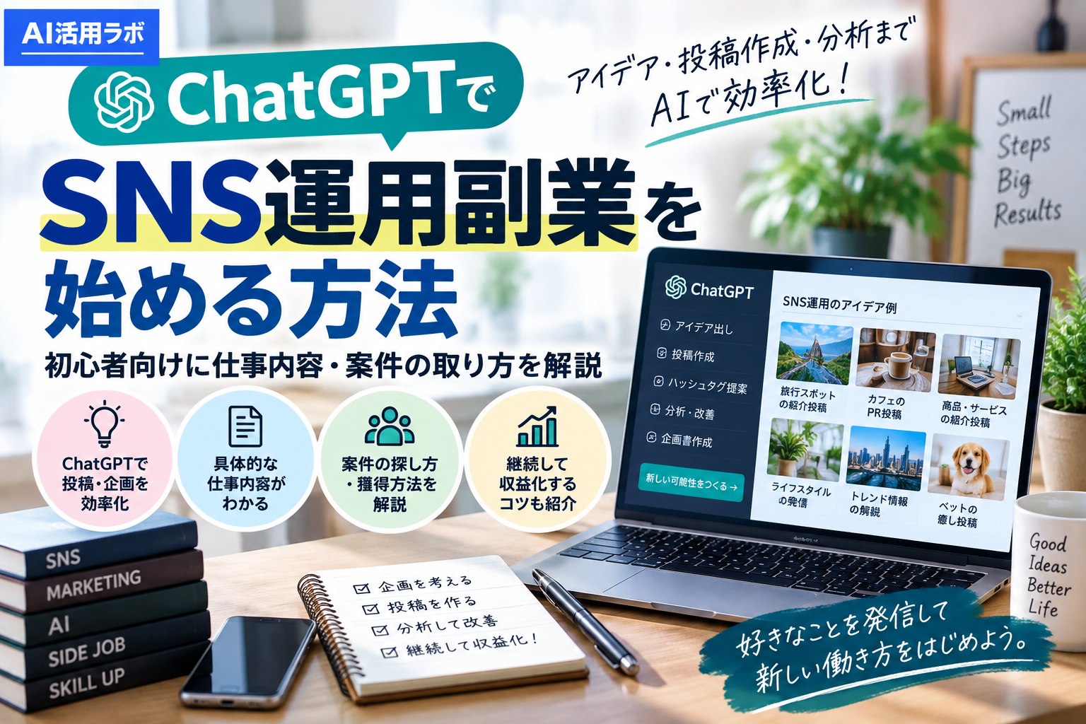ChatGPTでSNS運用副業を始める方法と仕事内容・案件の取り方を解説する記事のアイキャッチ