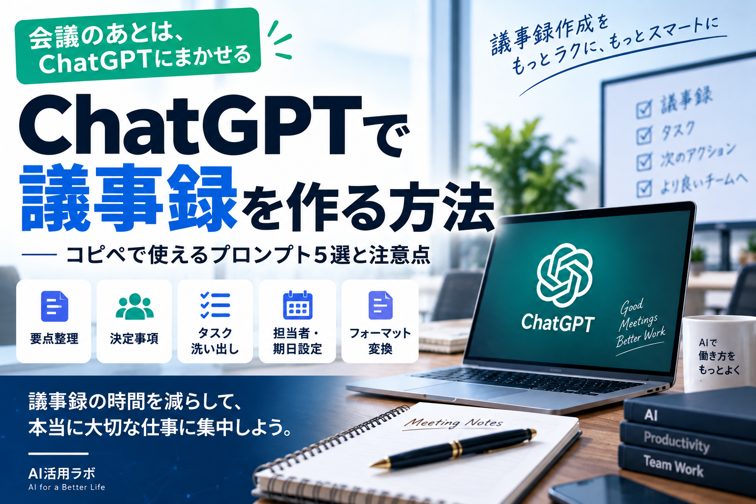 ChatGPTで議事録を作る方法とコピペで使えるプロンプト5選・注意点を解説