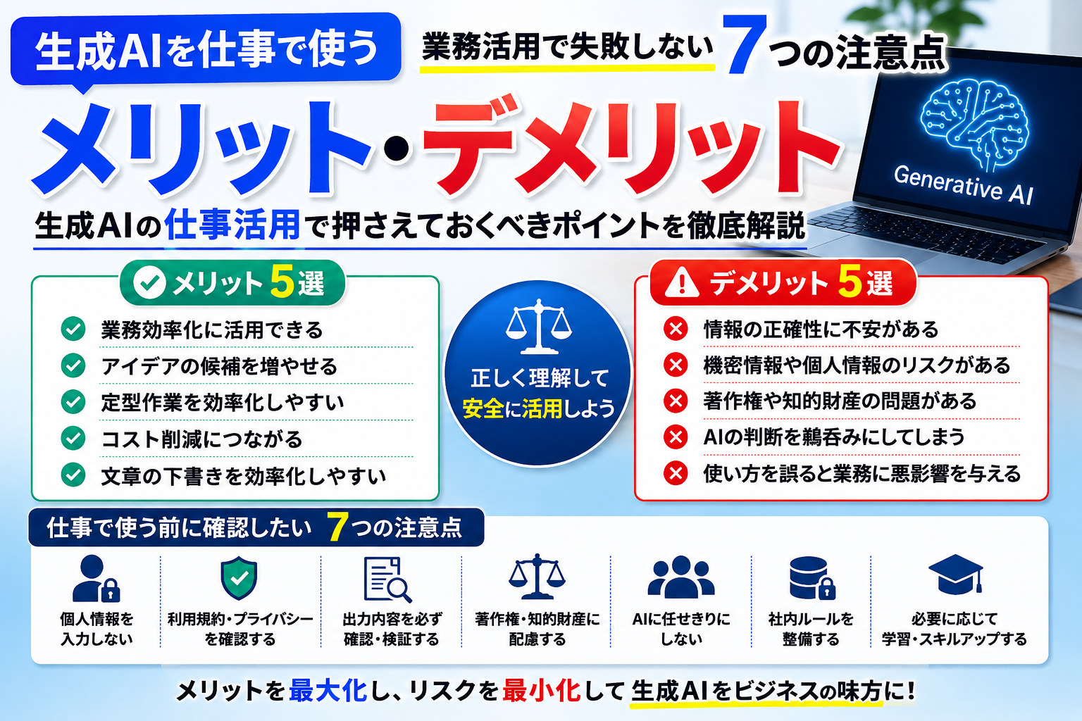 生成AIを仕事で使うメリット・デメリットと業務活用で失敗しない7つの注意点を解説